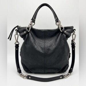 COACH Y2K Vintage Black Perforated Leather Tote Bag Silver Chain Hobo Handbag